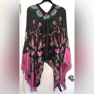 ETRO SILK EMBROIDERED SHAWL FLORAL BLOUSE PONCHO FRINGE BLACK TOP ONE SIZE